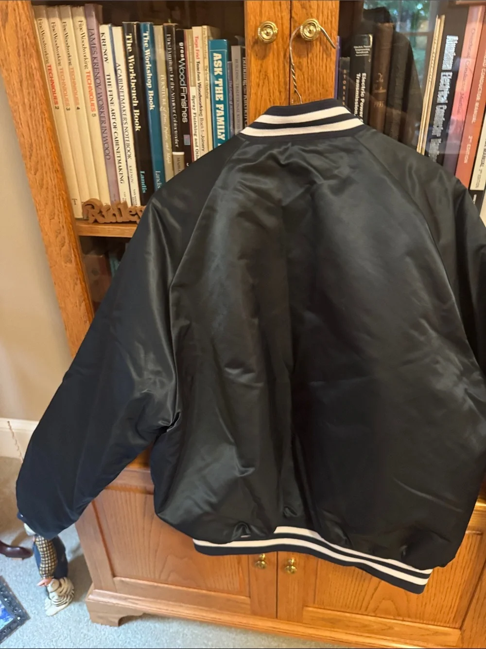 Vintage Black Satin Bomber Jacket with White-Striped Ribbing